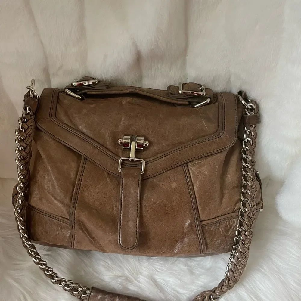 Treesje khaki distressed leather shoulder bag with bold silver tone hard…